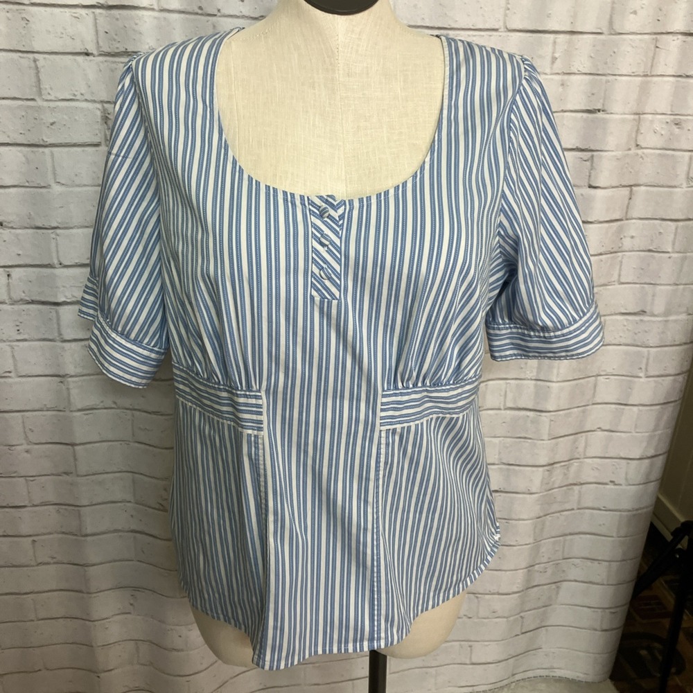 Lane Bryant Plus Size 18/20 Top Blue and White Stripe Beachy Blouse Button Shirt